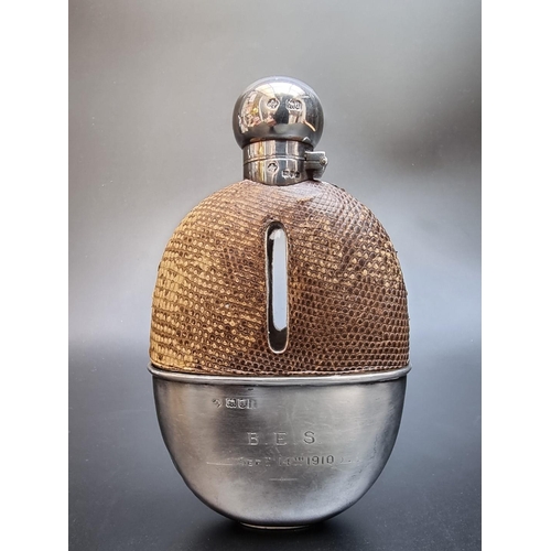 527 - A Victorian silver and leather mounted glass hip flask, by W Hutton & Sons Ltd, London 1899, 16.... 