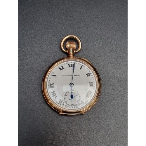 831 - A Bravington Renown gold plated stem wind pocket watch, 46mm, with inscription to dust cover 'Cresce... 