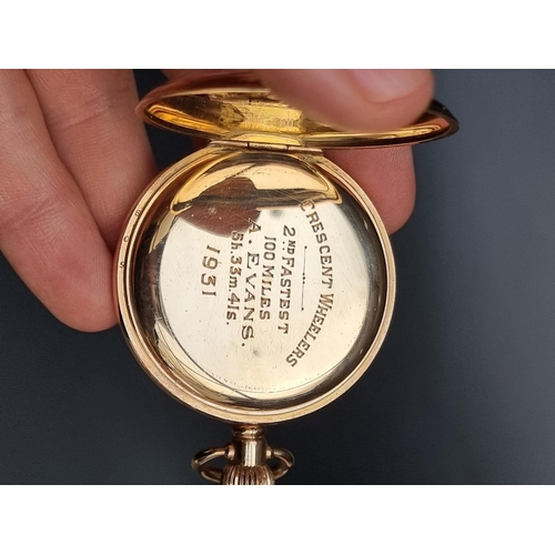 831 - A Bravington Renown gold plated stem wind pocket watch, 46mm, with inscription to dust cover 'Cresce... 