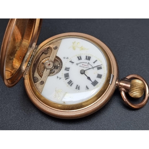 832 - A Hebdon's gold plated stem wind hunter pocket watch, 53mm.