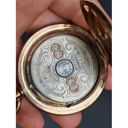 832 - A Hebdon's gold plated stem wind hunter pocket watch, 53mm.