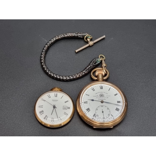 836 - A Thos Russell & Son gold plated stem wind open face pocket watch, 51mm, on leather strap; toget... 