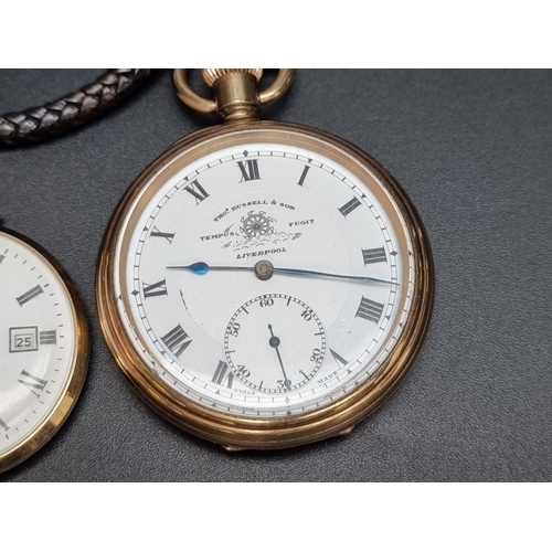 836 - A Thos Russell & Son gold plated stem wind open face pocket watch, 51mm, on leather strap; toget... 