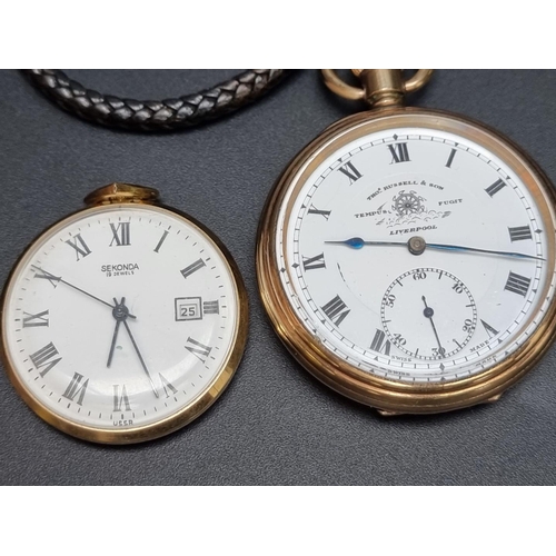 836 - A Thos Russell & Son gold plated stem wind open face pocket watch, 51mm, on leather strap; toget... 