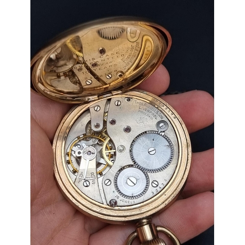 836 - A Thos Russell & Son gold plated stem wind open face pocket watch, 51mm, on leather strap; toget... 