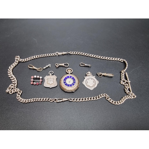 837 - A silver curb link watch chain, 70cm; together with a Continental enamel decorated half hunter stem ... 