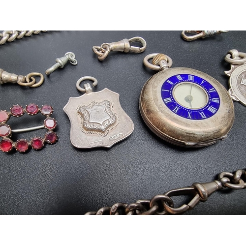 837 - A silver curb link watch chain, 70cm; together with a Continental enamel decorated half hunter stem ... 