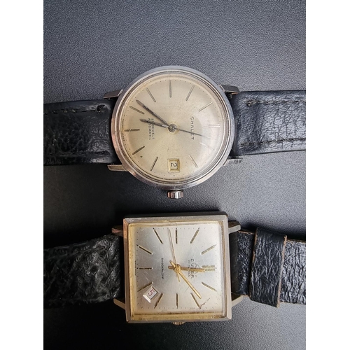 859 - A vintage Chalet stainless steel automatic wristwatch, 34mm, on a black leather strap; together with... 