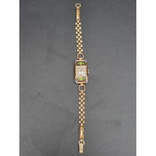 863 - An Art Deco Albion 18ct gold and enamel manual wind ladies wristwatch, 27 x 14mm, import mark Glasgo... 