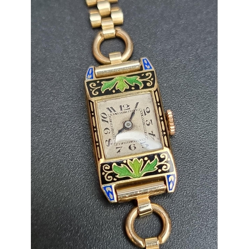 863 - An Art Deco Albion 18ct gold and enamel manual wind ladies wristwatch, 27 x 14mm, import mark Glasgo... 