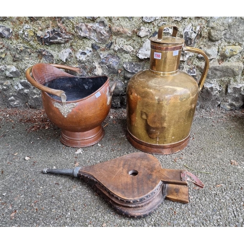 1765 - A brass and copper grain measure; together with a coal scuttle and a pair of bellows.... 