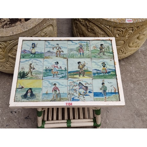 1104 - A decorative tile inset occasional table, 43cm wide.En suite with the previous lot.... 