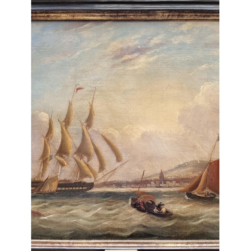 1175 - Attributed to Frederick Calvert, sailing boats by a coast, unsigned, oil on canvas, 43.5 x 59.5... 