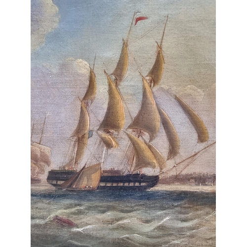 1175 - Attributed to Frederick Calvert, sailing boats by a coast, unsigned, oil on canvas, 43.5 x 59.5... 