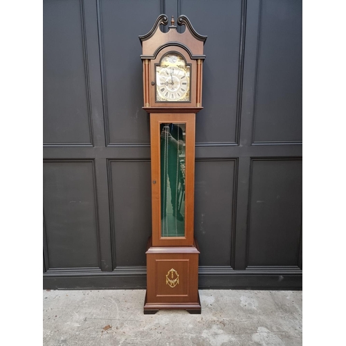 1005 - A reproduction mahogany longcase clock, by 'ECS, Germany' chiming on eight straight gongs, 213cm hig... 