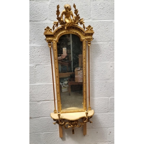 1022 - An unusual antique giltwood framed pier mirror, incorporating a shelf and pair of candle branches, 1... 