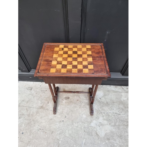 1104 - A mahogany, rosewood and burr maple chequerboard inlaid games table, 43cm wide. ... 