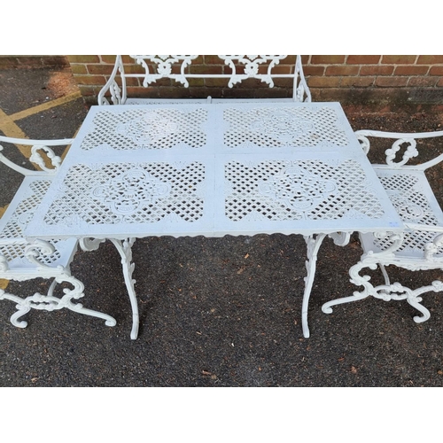 1138 - A Victorian style white painted aluminium garden suite, comprising: a table, 93.5cm wide; a two seat... 