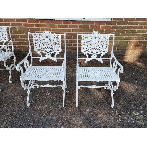 1138 - A Victorian style white painted aluminium garden suite, comprising: a table, 93.5cm wide; a two seat... 