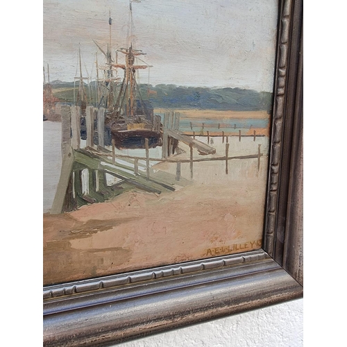 1290 - Albert Edward Victor Lilley, 'Estuary Mooring', signed and dated '13, labelled verso, oil on panel, ... 