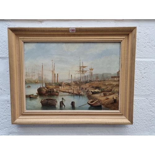 1302 - Thomas Cooper Moore, boats by a riverside, signed, further signed and dated 1880 verso, oil on ... 