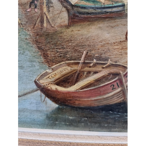 1302 - Thomas Cooper Moore, boats by a riverside, signed, further signed and dated 1880 verso, oil on ... 