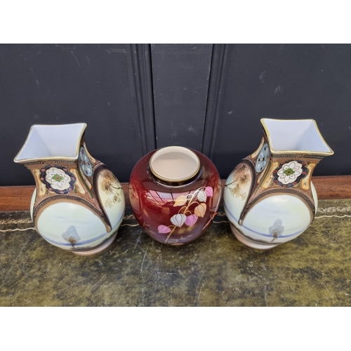 1354 - A pair ware Noritake porcelain vases, 22cm high; together with a Carlton Ware 'Rouge Royale' vase, 1... 