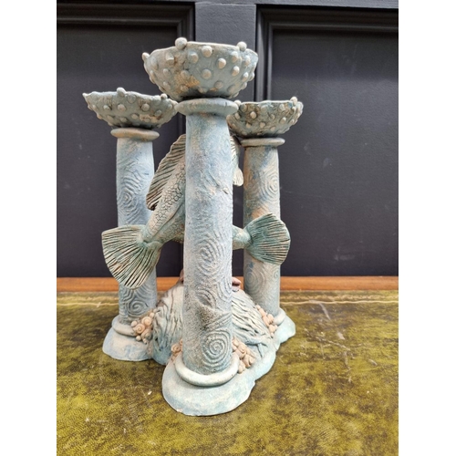 1397 - Studio Pottery: a fish candelabrum, by Pauline Lee, 28cm high; together with a twin handled vas... 