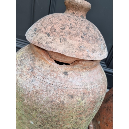 1151 - An old weathered terracotta rhubarb forcer and cover, 50cm high; and another. (2) ... 