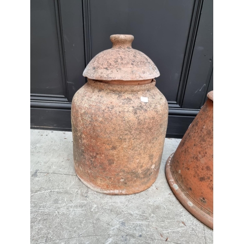 1151 - An old weathered terracotta rhubarb forcer and cover, 50cm high; and another. (2) ... 