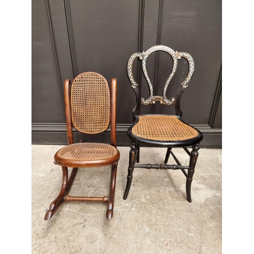 1160 - Two childs' chairs, comprising: a bentwood and cane rocking chair; and a Victorian papier mache exam... 