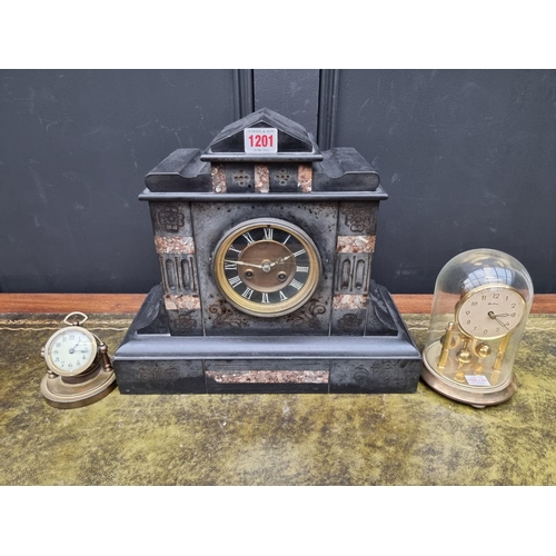 1201 - A slate and marble mantel clock, 31cm high; together with two others. (3)