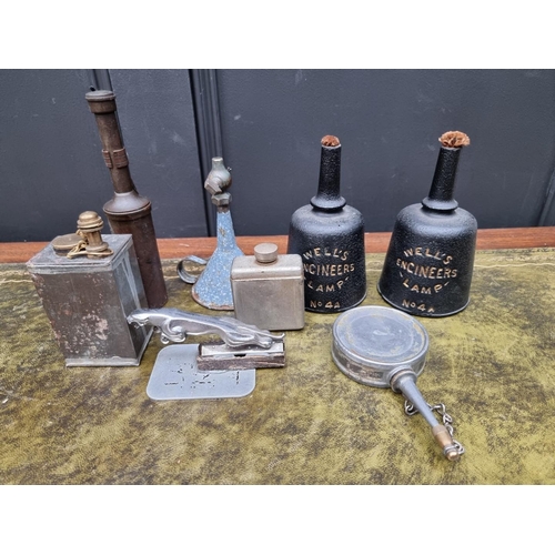 1209 - A pair of cast iron 'Well's Engineers Lamps', No.4a; and other items, to include a Jaguar car mascot... 