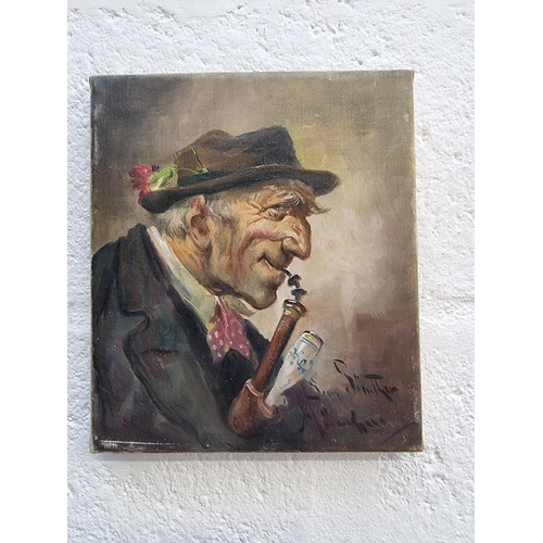 1217 - Continental School, a Bavarian pipe smoker, indistinctly signed, oil on canvas, 21 x 18cm, unframed.... 