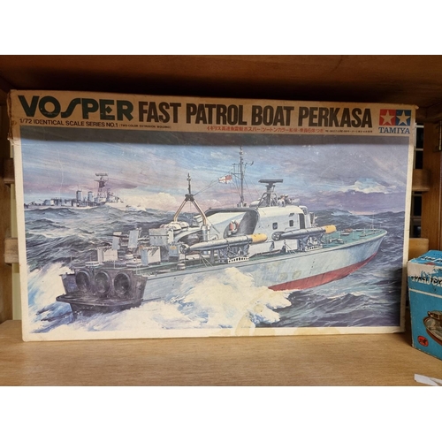 10 - Tamiya: a vintage boxed Vosper Fast Patrol Boat scale model kit; together with two other model kits;... 