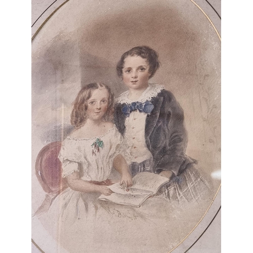 1326 - R S Bennett, 19th century, three quarter length portrait of two children, signed, watercolour, 32 x ... 