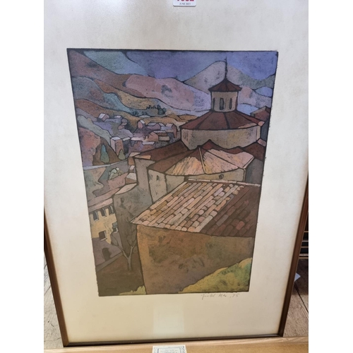 1332 - Joabel Maz, town views, two works, each signed and dated '75, colour print, I.33 x 45cm and I.4... 