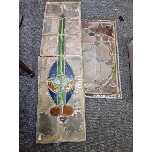 1342 - Six old stained and leaded glass panels, to include a pair, 115 x 32cm, (some damage and losses).... 