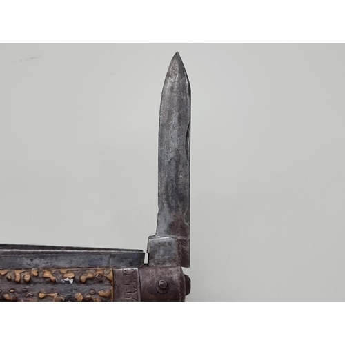 1509 - A rare large 19th century antler handled folding gamekeeper's knife, 16.5cm long when closed, (worm ... 