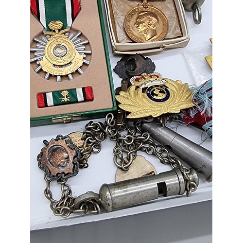 1518 - A collection of medals, badges and related, to include a Linegar 'Beaufort' whistle.... 