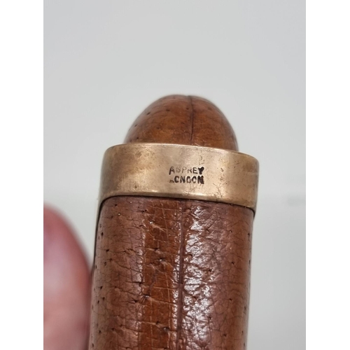 1530 - A vintage 9ct gold mounted tan leather cigar sleeve, 16cm long. 