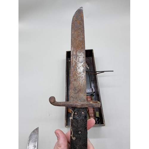 1609 - A US M3 fighting knife in M8A1 sheath; together with a Japanese knife in sheath; a shortened P1856 A... 