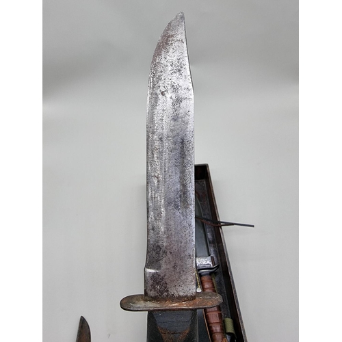 1609 - A US M3 fighting knife in M8A1 sheath; together with a Japanese knife in sheath; a shortened P1856 A... 