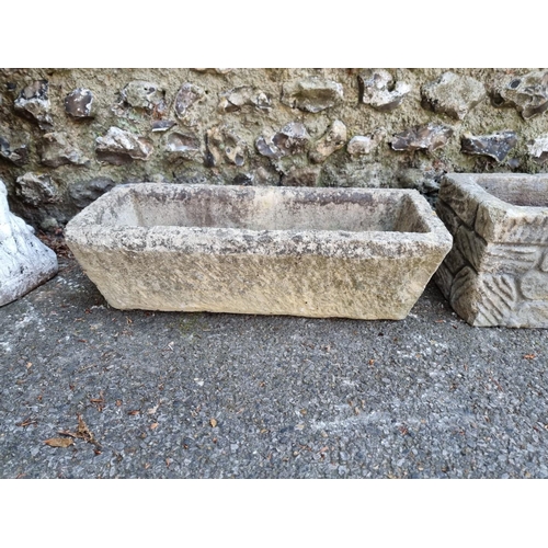 1636 - A reconstituted white painted bird bath; together with two rectangular stone planters.... 