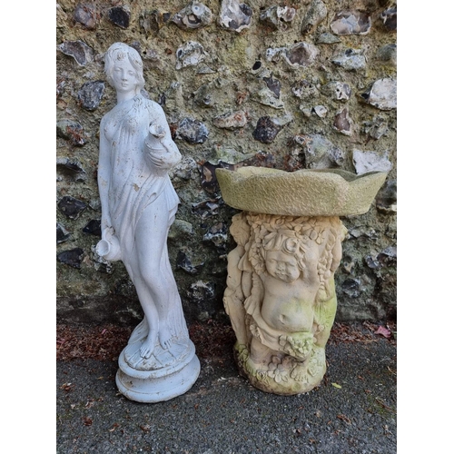 1654 - A reconstituted stone figure of lady with jugs, 80cm high; together with a figural bird bath, 52cm h... 