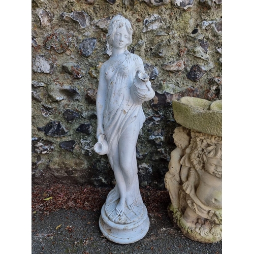 1654 - A reconstituted stone figure of lady with jugs, 80cm high; together with a figural bird bath, 52cm h... 