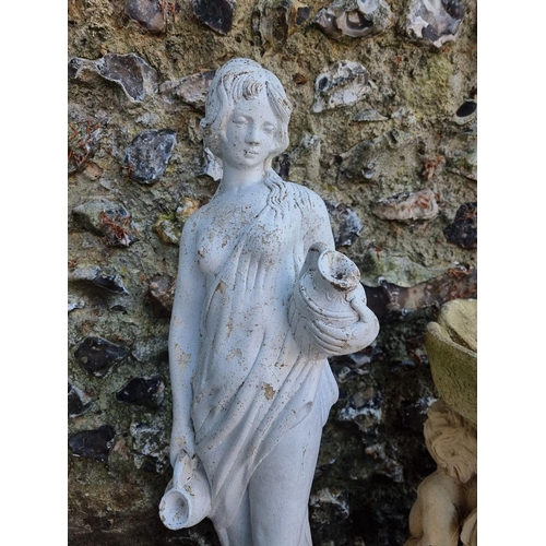 1654 - A reconstituted stone figure of lady with jugs, 80cm high; together with a figural bird bath, 52cm h... 