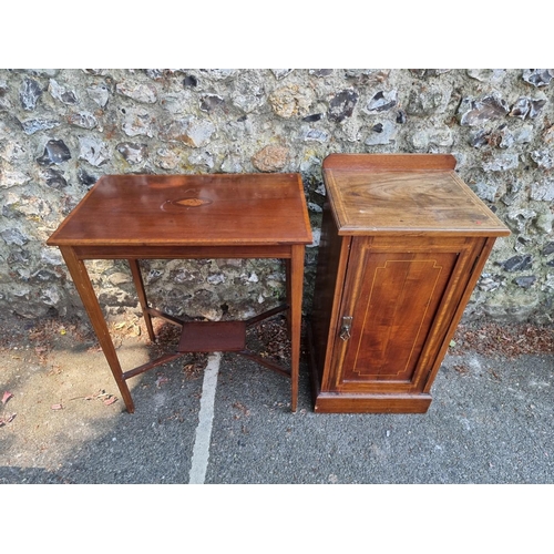 1656 - An Edwardian inlaid bedside cupboard, 78cm high x 40cm wide; together with an inlaid occasional tabl... 