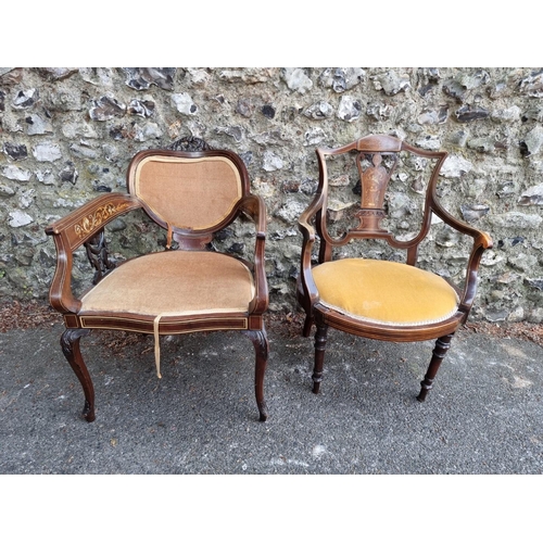 1669 - Two Edwardian inlaid elbow chairs.