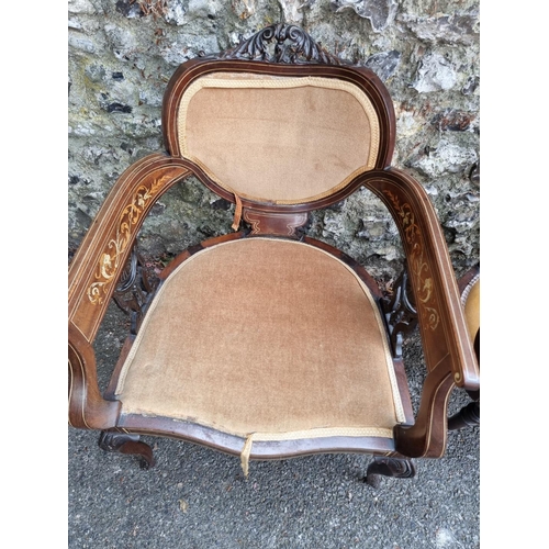 1669 - Two Edwardian inlaid elbow chairs.